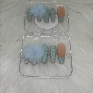 Blue and Tan Faux Nail Set with Rhinestones